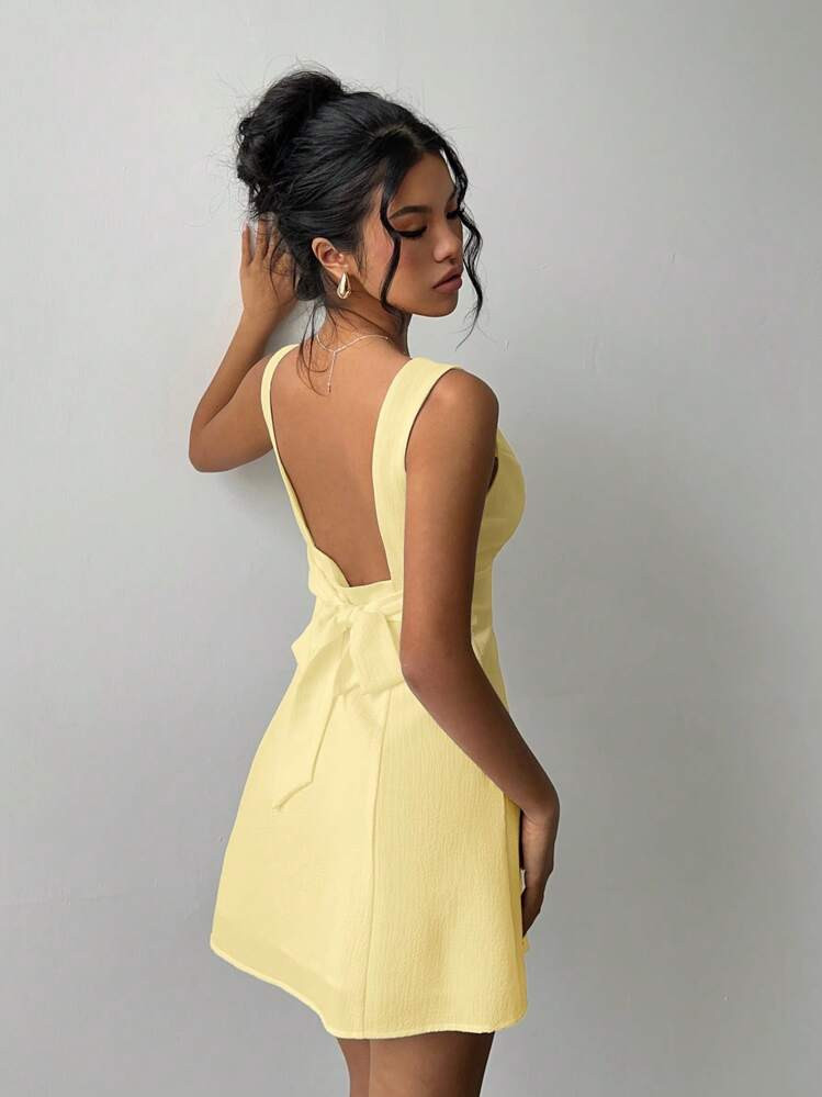 Aloruh Women's Sexy V-Neck Backless Bow Decor Bodycon Mini Skirt, Suitable For Beach, Wedding, Bridesmaid Yellow Dress,Butter Yellow Dress | SHEIN