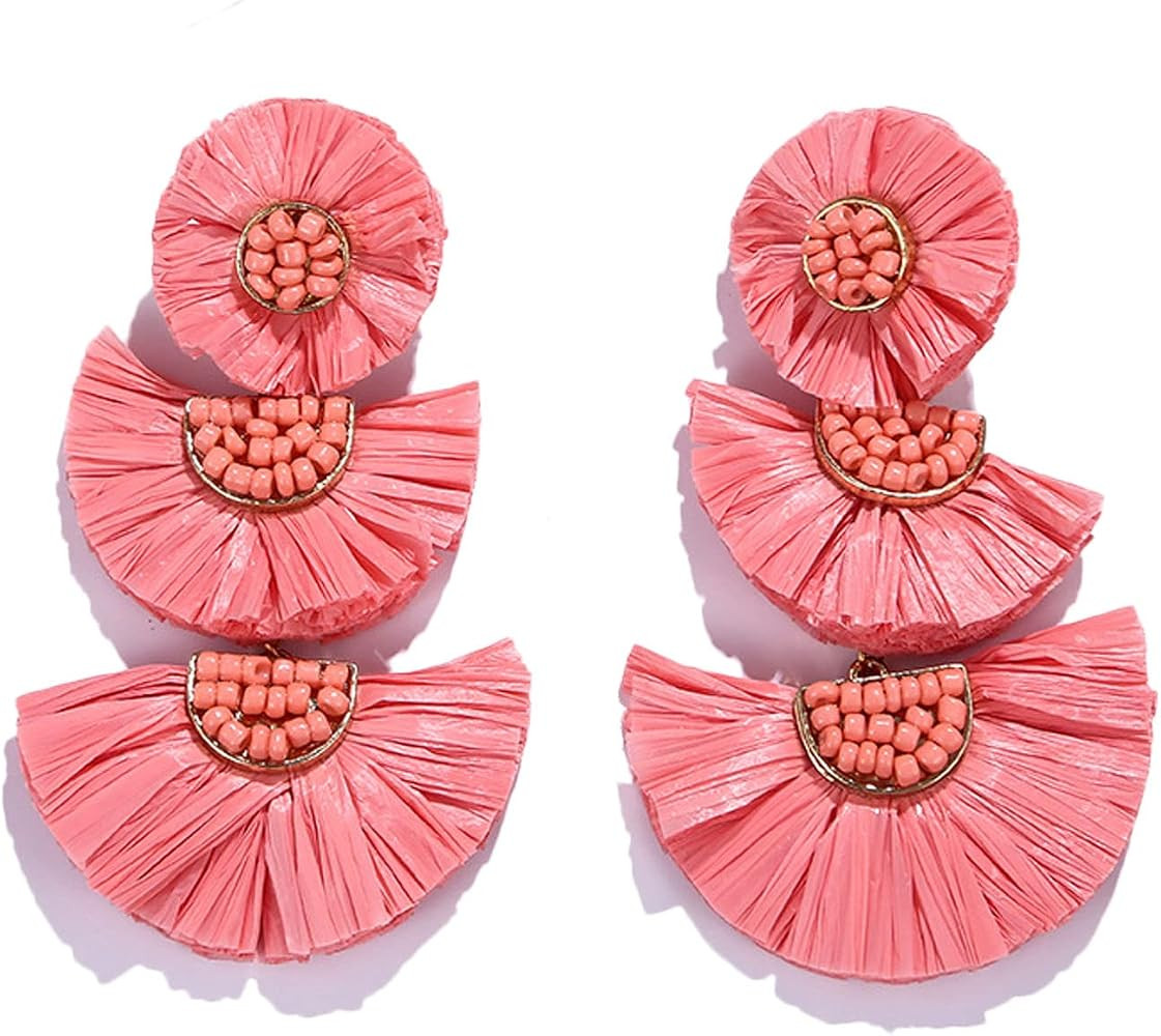 Bohemian Statement Earrings - Lightweight Tiered Raffia Beaded Earrings Drop Dangle Gifts for Wom... | Amazon (US)