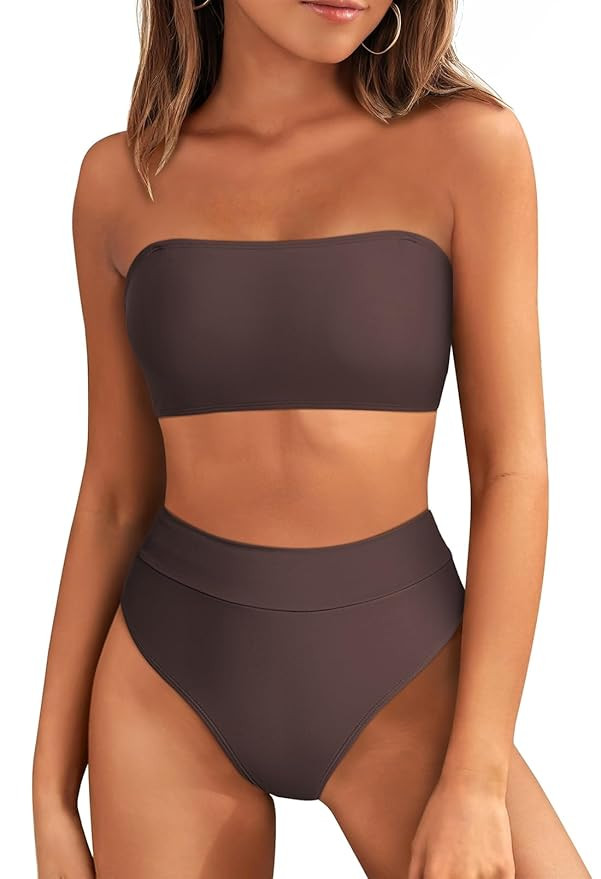 Pink Queen 3 Piece Bikini Set for Women Strapless Bandeau High Leg Tummy Control Swimsuit Set Bat... | Amazon (US)