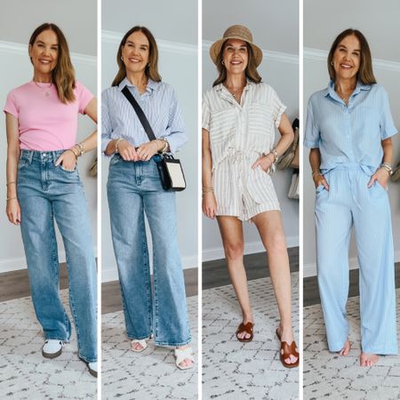 It’s #targettuesday and I am loving these new arrivals! Which is your favorite?💙🩷
Amazon set medium 
Wide leg jeans size 4, need a 6
Pink tee medium 
Pinstriped shirt medium (oversized fit)
Woven embellished pumps TTS
Linen top medium 
Linen shorts small
Pajama top medium 
Pajama bottoms small

Target haul, target unboxing, target try on, target outfit, target style, wide leg jeans, how to style, casual spring outfit, women’s pajamas, affordable fashion haul, outfit reel, look for less, woven sandals, matching set, linen set

#LTKfindsunder50 #LTKSeasonal #LTKstyletip