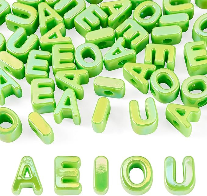 50Pcs Vowel Letter Beads with 6mm Large Hole Iridescent 3D Letters A E I O U Chunky Bead Green In... | Amazon (US)
