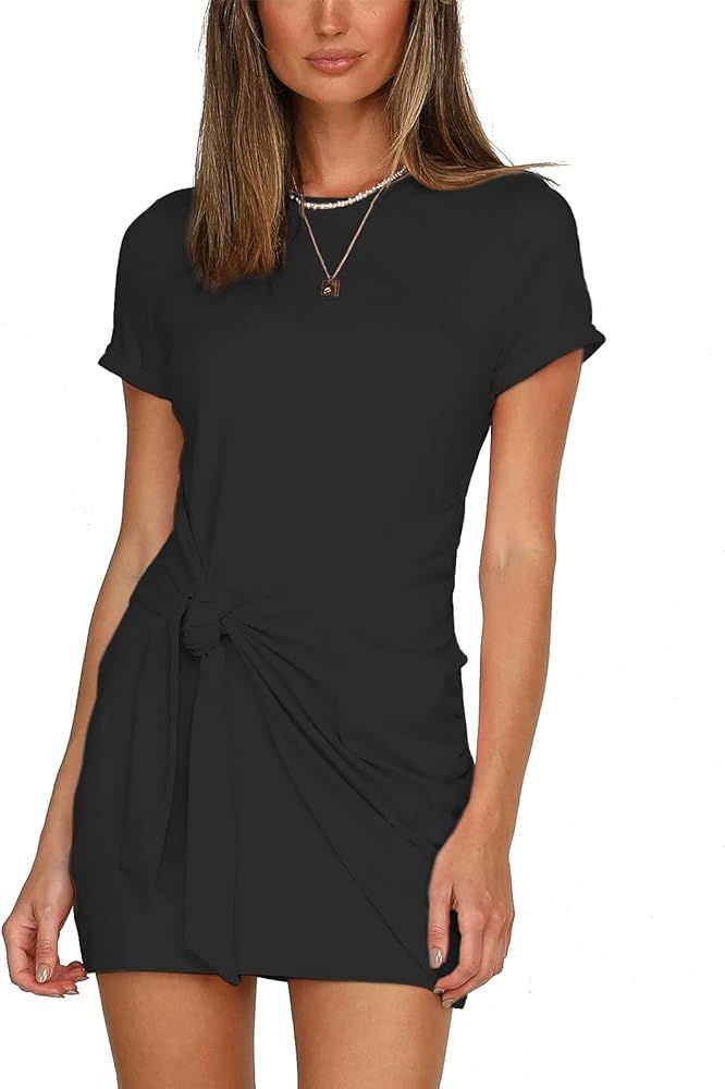 ISZPLUSH Women's Petite Dresses Short Sleeve Sleeveless Ruched Crewneck Tie Waist Short Bodycon M... | Amazon (US)