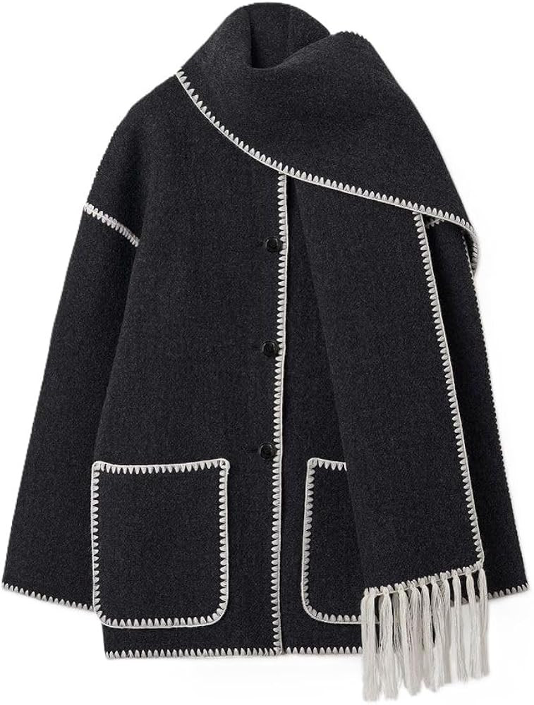 Women Scarf Jacket Wool Embroidered Button Down Trench Coat Long Sleeve Winter Coat Fall Winter F... | Amazon (US)