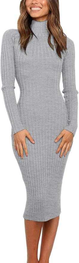MEROKEETY Women's Ribbed Long Sleeve Sweater Dress High Neck Slim Fit Knitted Midi Dress | Amazon (US)