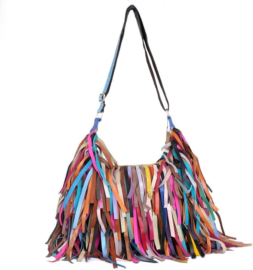 Women Multicolour Handbag Sheepskin Patchwork Shoulder Bag Colorful Tassel Purse | Amazon (US)
