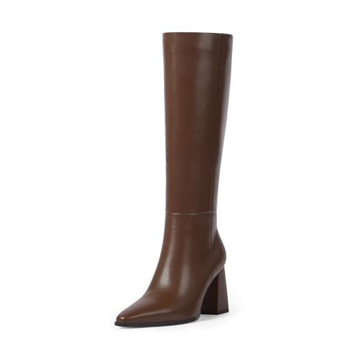 VIUGJNEX Tall Brown Boots for Women Knee High Fall Boots Brown Tall Boot Women Pointed Toe Long Chunky Heel Boot for Women Size 9 | Amazon (US)