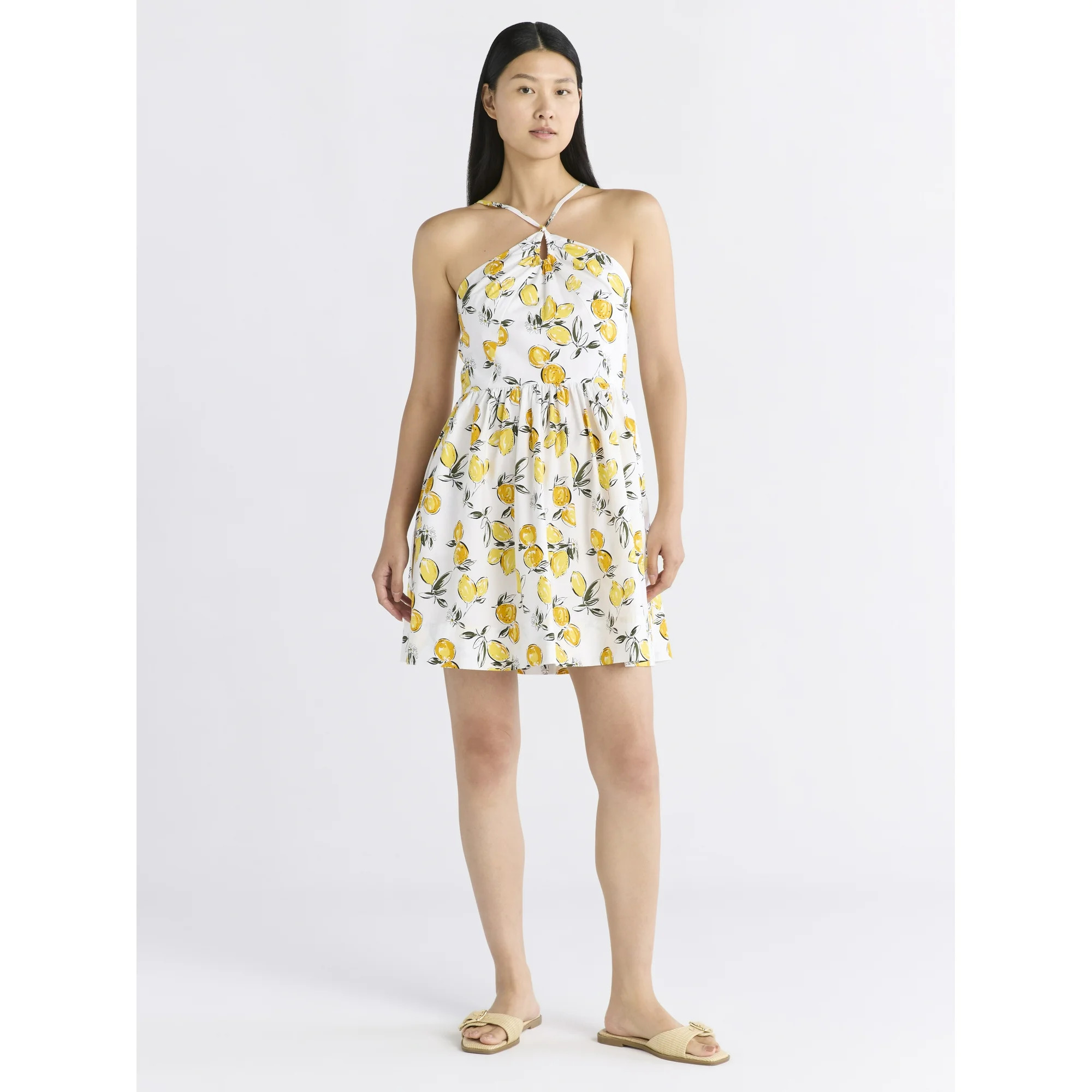 Free Assembly Women's Sleeveless Halter Fit and Flare Cotton Mini Dress, XS-XXL | Walmart (US)