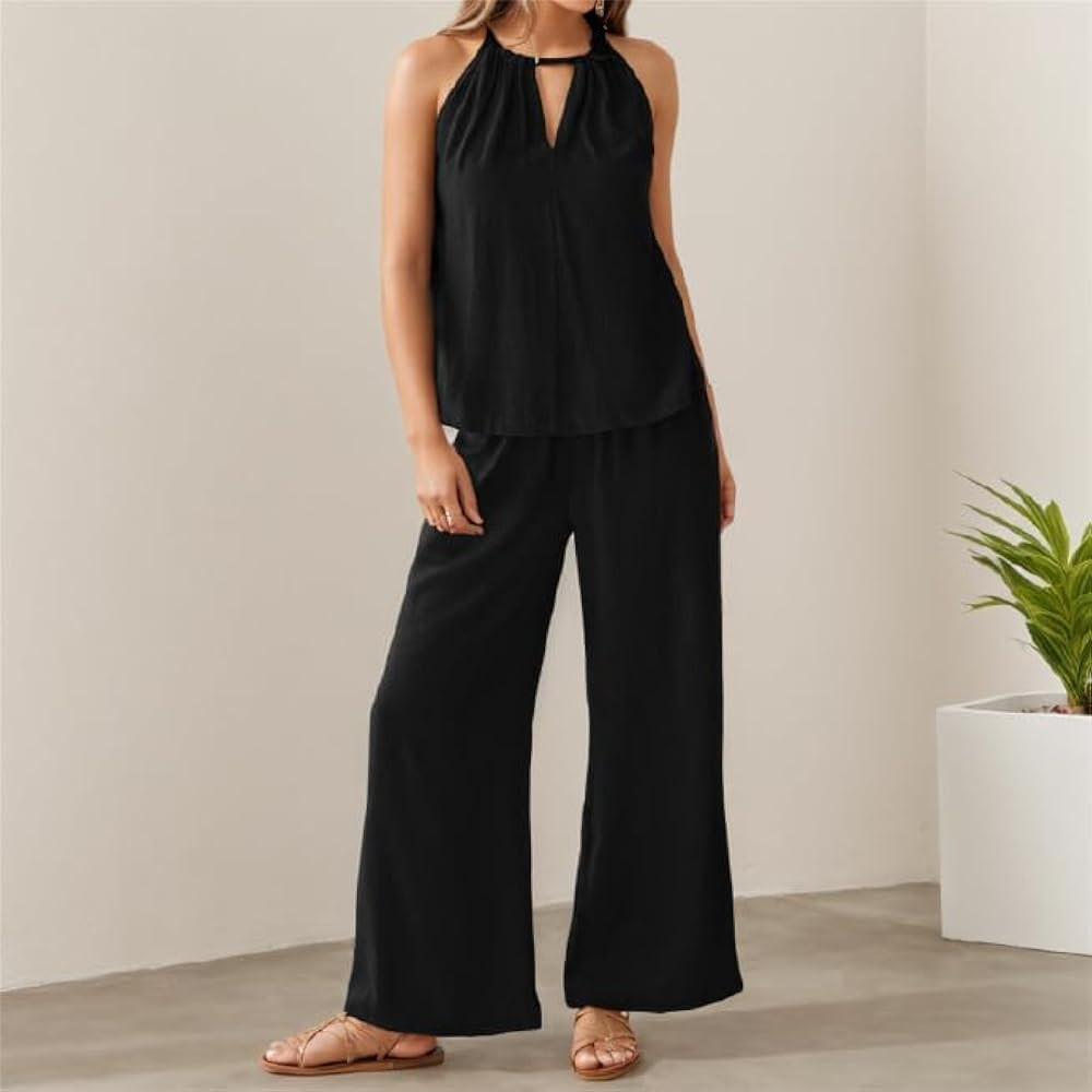 Women's Two Piece Lounge Linen Matching Sets, Casual Wide Leg Pants Suits Halter Sleeveless Tops ... | Amazon (US)