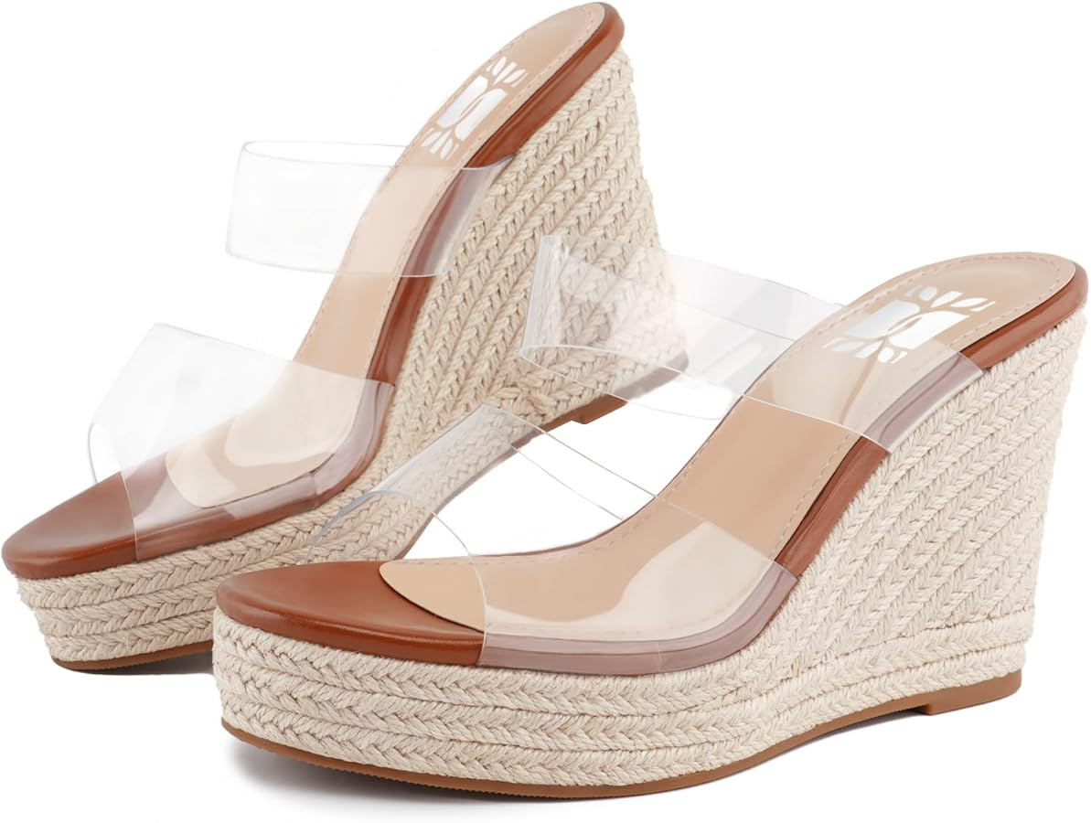 VARECOLA Women Slip On Espadrille Platform Wedge Sandals Slide Open Toe Clear High Heel Sandals | Amazon (US)