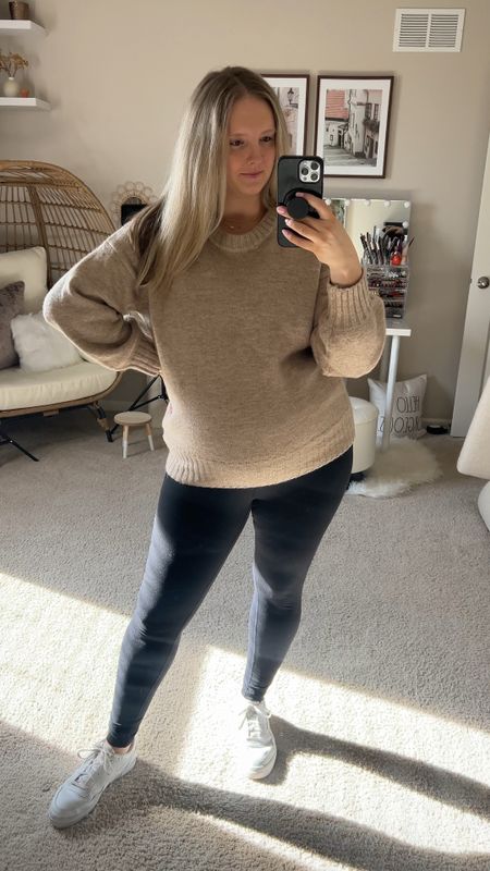 Quick OOTD for spring with a bump friendly sweater and leggings. Nothing says cute and comfy spring outfit like a big sweater and black leggings with white sneakers.

#LTKbump #LTKmidsize #LTKVideo