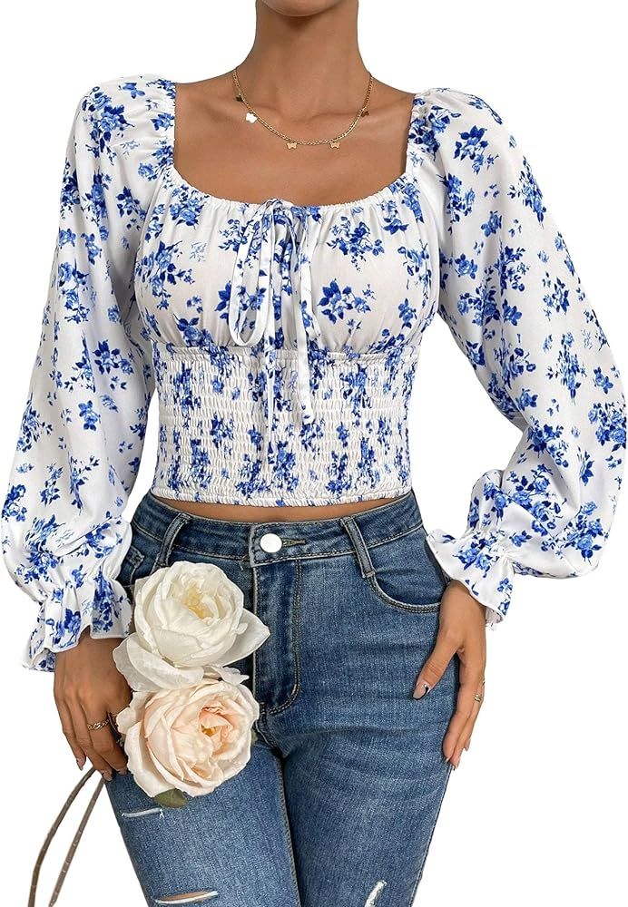 Milumia Women's Floral Lantern Sleeve Ruffle Shirt Scoop Neck Smocked Boho Blouse Crop Top | Amazon (US)