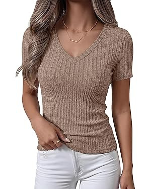 ANRABESS Short Sleeve Sweaters for Women Summer V Neck Knit Top | Slim Fitted Shirts,Soft Lightwe... | Amazon (US)