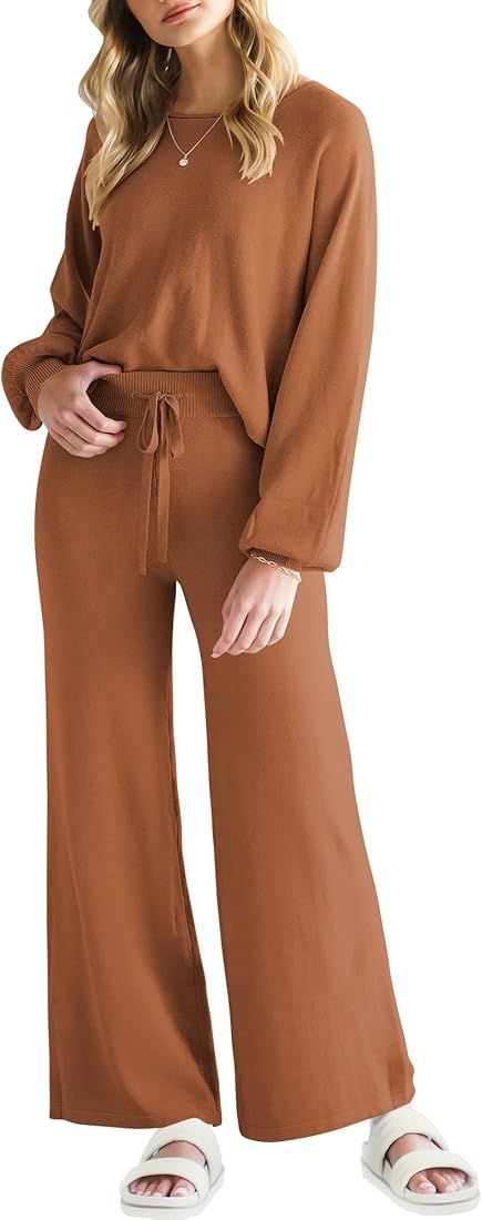 Women’s Two Piece Outfits Sweatsuit Long Lantern Sleeve Crewneck Crop Top with Wide Leg Pants S... | Amazon (US)