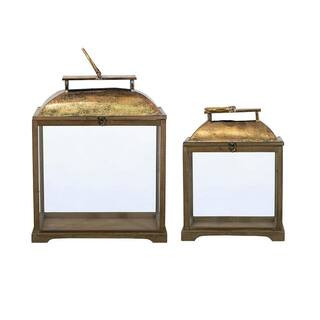22.4 in. x 32.7 in. Wood Brown Lantern With Clear Glass Panels and Gold Metal Dome Accents for In... | The Home Depot