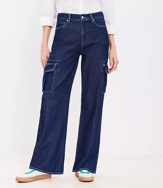Loft High Rise Wide Leg Cargo Jeans in Dark Wash | LOFT