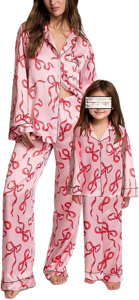Seyurigaoka Mommy and Me Matching Christmas Pajamas Set Red Xmas Pjs Set 2 Piece Silk Sleepwear J... | Amazon (US)
