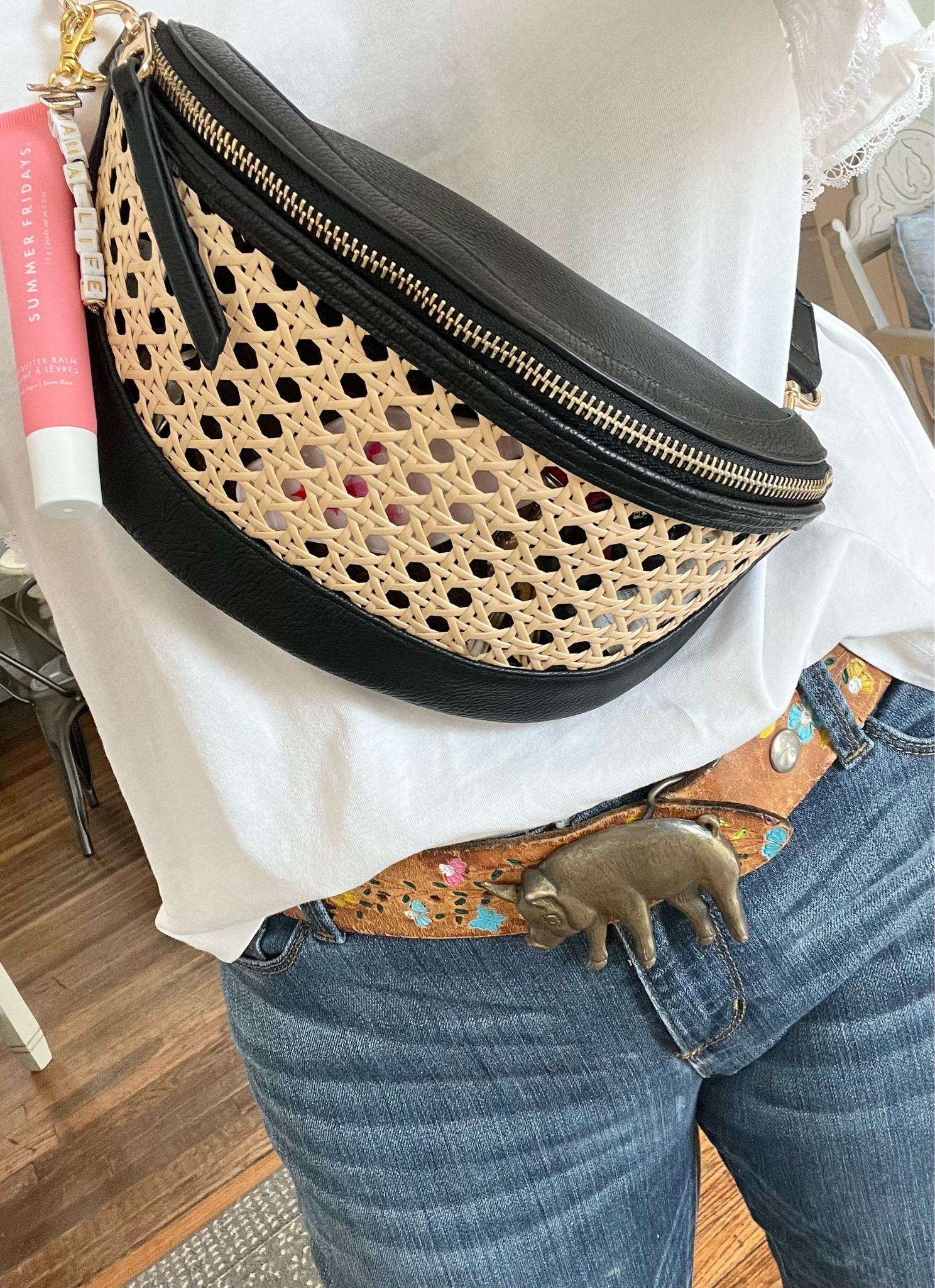 Finally nabbed this cane front crossbody bag for our upcoming trip! I love the mixed materials and it’s roomier than I expected. Gotta love a statement belt buckle in the form of a pig. Honestly, I’m all about statement pieces this summer! #LTKHandbag #LTKStatementPieces #LTK