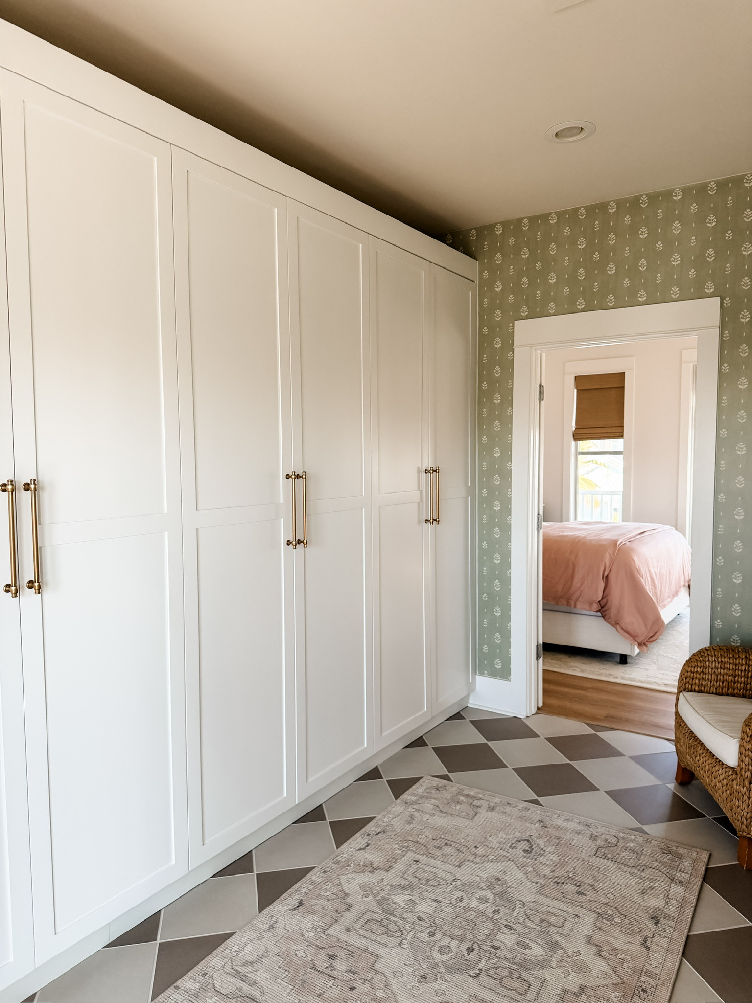 This space originally was a wet bar that we decided to make into closet space! This extra storage has been a game changer already! The wallpaper is "wildflower print wallpaper" from Love vs Design. The floors are Luxe Sand matte porcelain tile and Luxe Fog matte porcelain tile checkered. 

Loverly Grey, home finds, home inspo, closet renovation, beach house, home decor, rug 

 #LTKHome