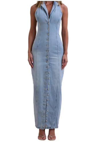 Womens Summer Casual Button Down Maxi Denim Dress V Neck Sleeveless Sexy Bodycon Long Jean Dresse... | Amazon (US)
