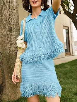 Fisoew Womens 2 Piece Crochet Outfits Short Sleeve Button Knit Sweater Tops Fringe Skirt Summer V... | Amazon (US)