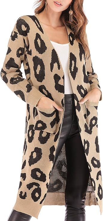 BTFBM Women Long Sleeve Open Front Leopard Knit Long Cardigan Casual Print Knitted Maxi Sweater C... | Amazon (US)