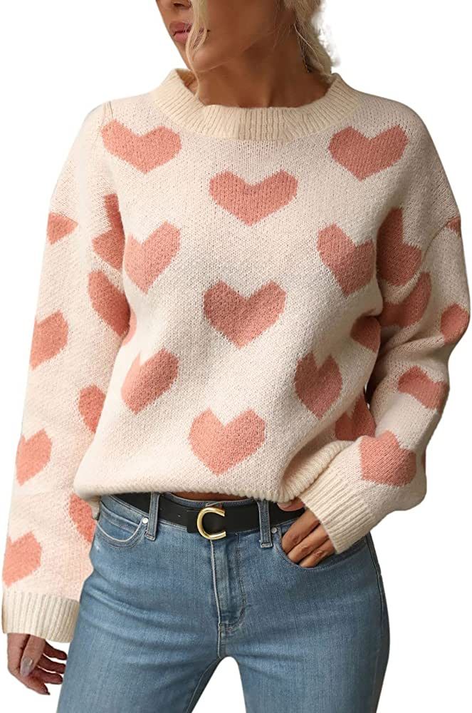 Niaviben Christmas Sweaters for Women Winter Knit Heart Printed Long Sleeves Pullover Blouses Ele... | Amazon (US)