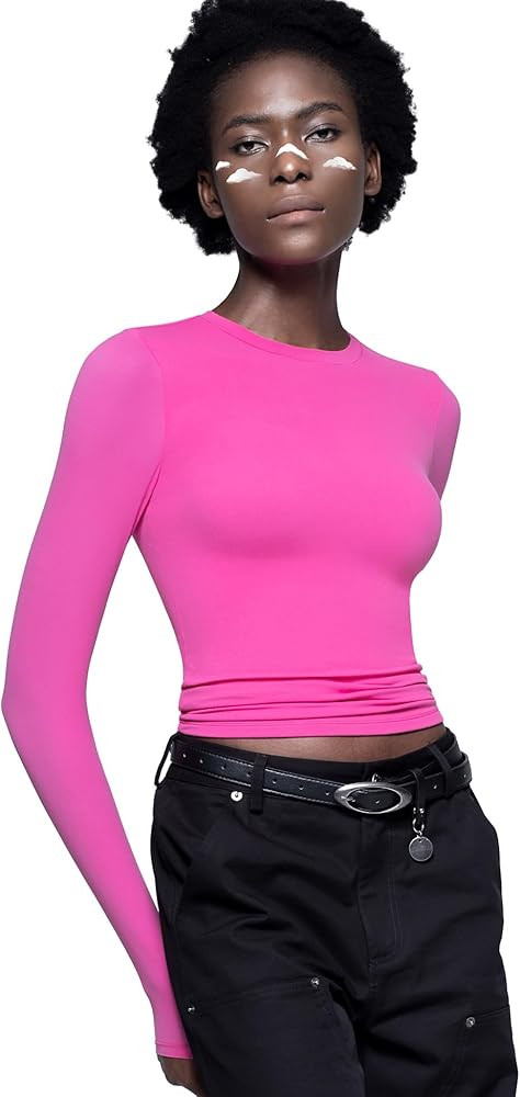PUMIEY Women's Long Sleeve T Shirts Crew Neck Slim Fit Tops Sexy Basic Tee Smoke Cloud Pro Collec... | Amazon (US)