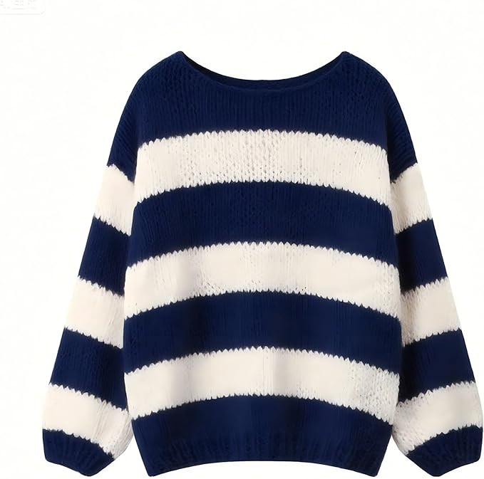 Oversized Sweaters for Women Color Block Striped Sweaters Y2K Crewneck Long Sleeve Knit Sweater | Amazon (US)