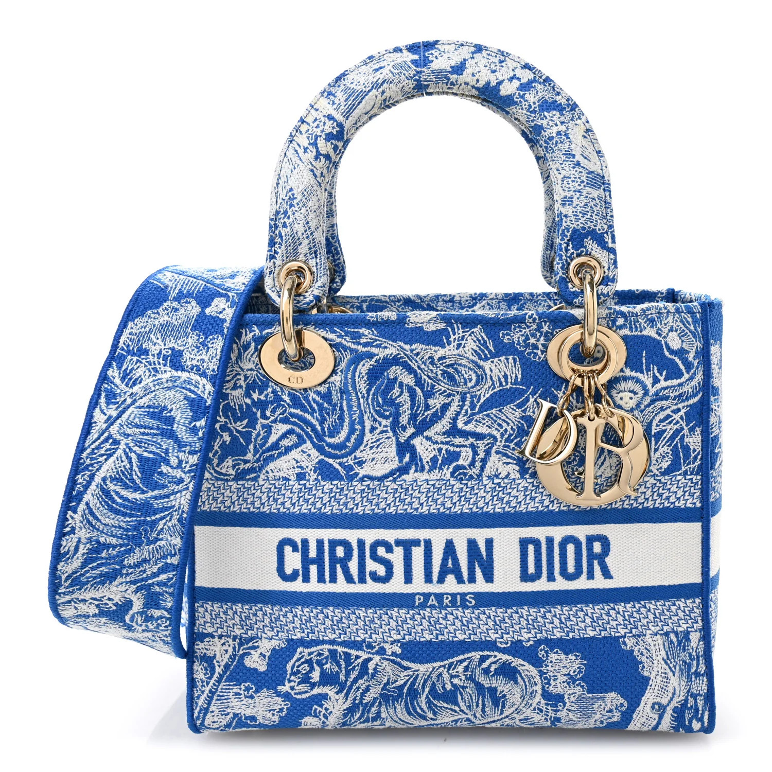 Canvas Toile De Jouy Reverse Embroidered Medium Lady D-Lite Fluorescent Blue | FASHIONPHILE (US)