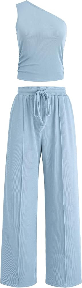 Casly Lamiit Women's Summer 2 Piece Outfits 2026 Sleeveless One Shoulder Top Wide Leg Pants Match... | Amazon (US)