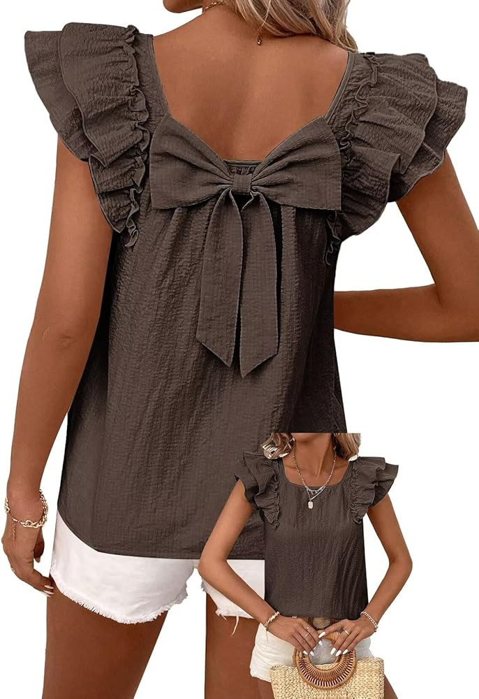 Womens Bow Tie Back Tops Round Neck Ruffle Short Sleeve Shirts Cute Babydoll Chiffon Tee Women Su... | Amazon (US)