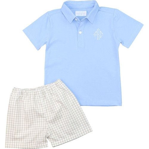 Khaki And Blue Knit Polo Short Set | Cecil and Lou