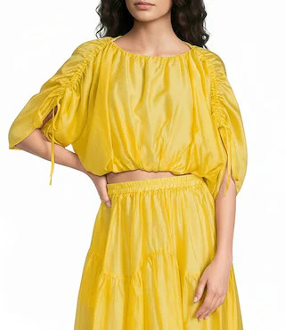 MELLODAY Coordinating Faux Silk Ruched Elbow Sleeve Bubble Hem Top | Dillard's | Dillard's