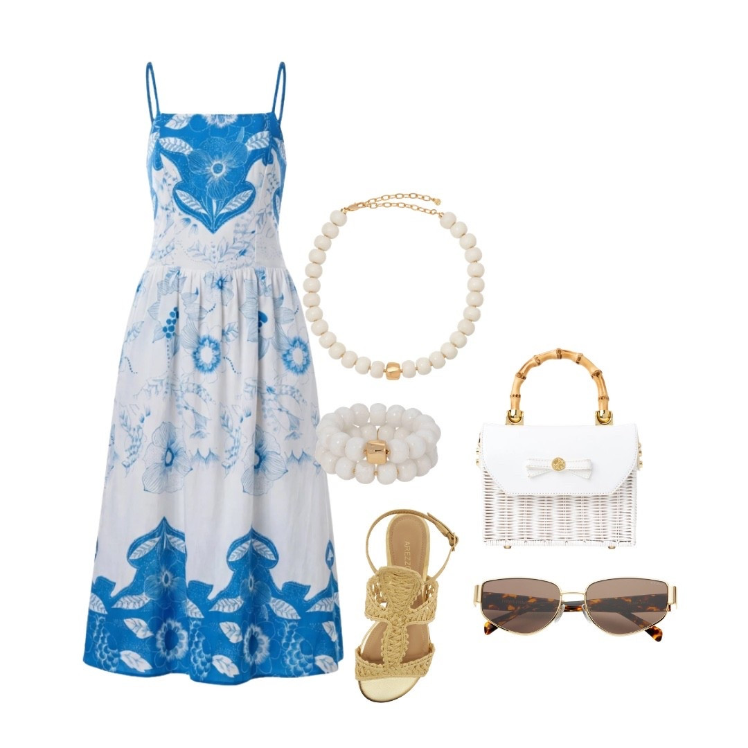 Isn’t this dress great!! Such a fresh and fun print! 
The accessories elevate the look in addition to the cutest wicker bag… summers must have bag!

#LTKOver40 #LTKSeasonal #LTKWedding
