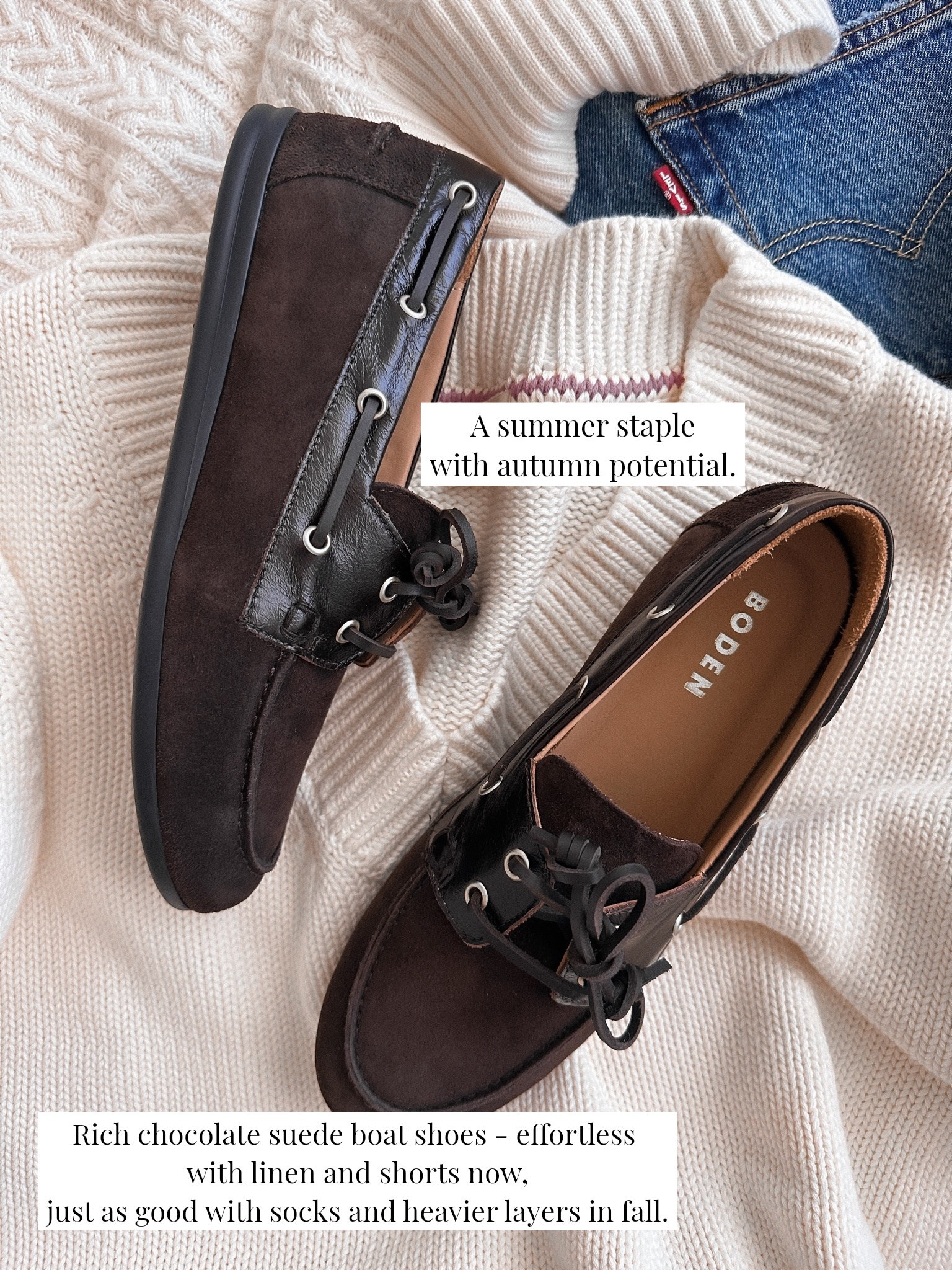 One pair you’ll wear now and all through fall 🤎

The classic boat shoes @Boden (UK) in chocolate suede look just as good with linen and shorts as they do with socks and jeans.
- True to size
- Leather & suede upper, leather lining

#LTKshoes #classicshoes #ad #boatshoes

#LTKstyletip #LTKshoes