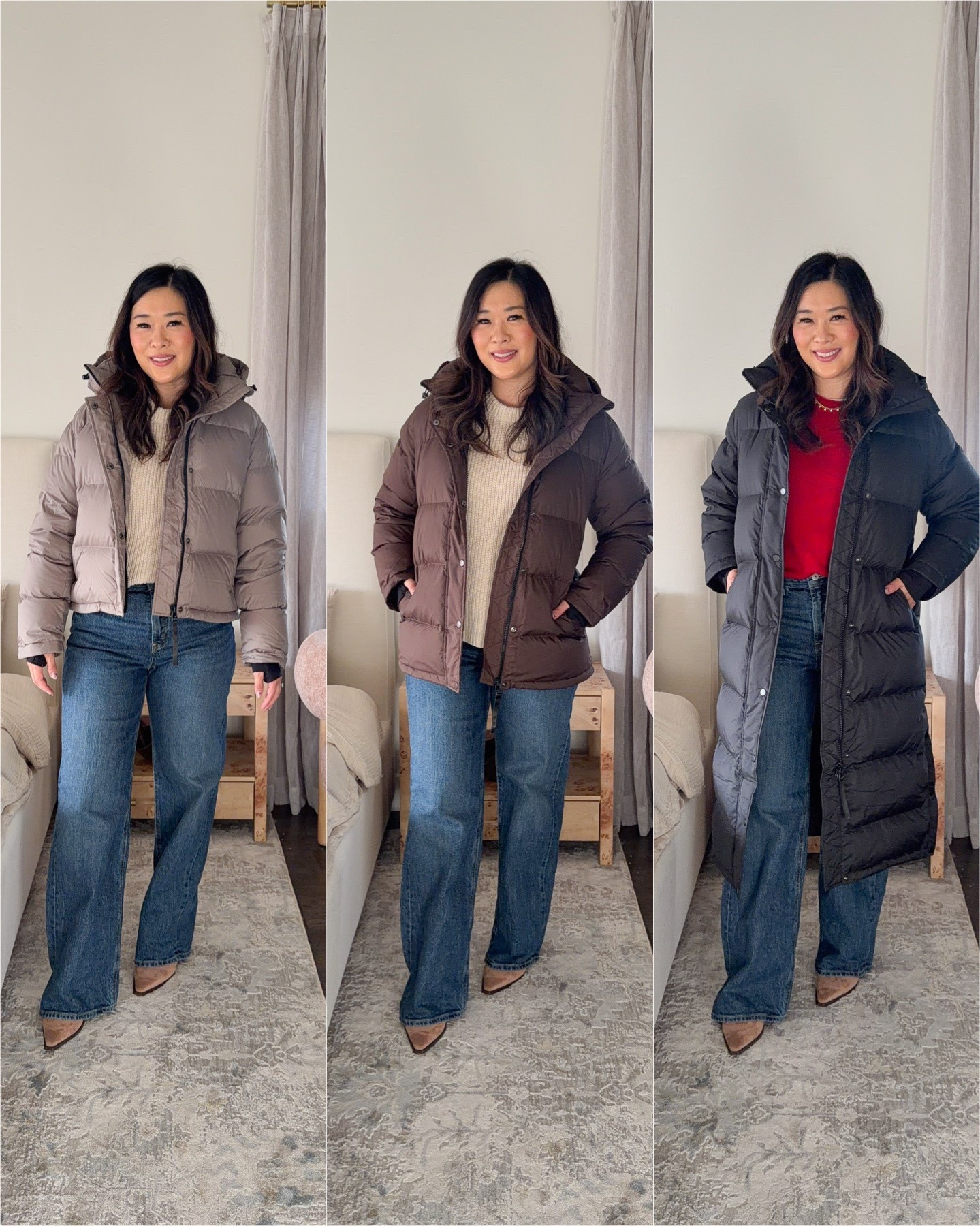 Quince Puffer Jackets that look like Aritzia for less! 
Puffer Jackets: Medium
Cream Sweater: Large
Red Sweater: Medium
