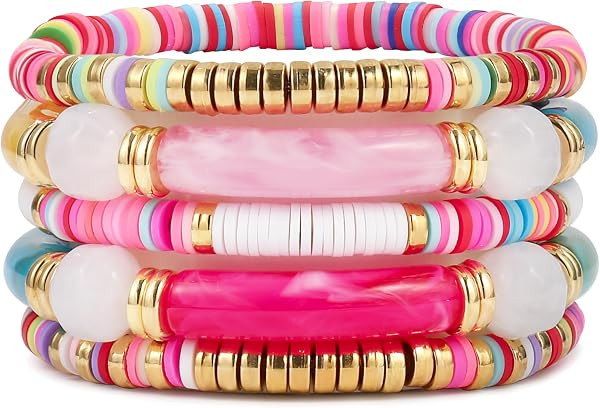 colorful bracelets for women Surfer Thick Tube Heishi Summer Beach Beaded Stackable Boho Stretch ... | Amazon (US)