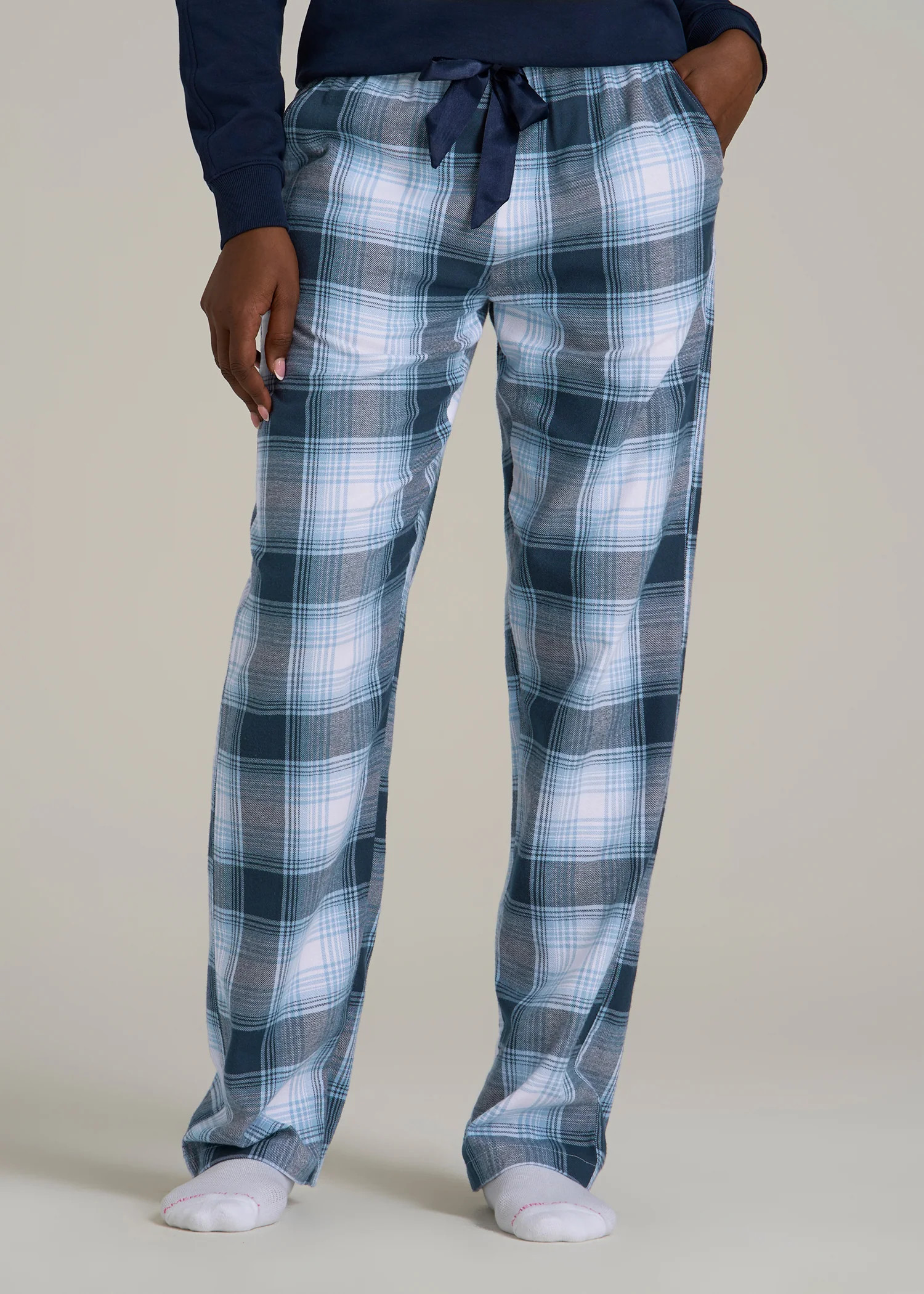 Tie Waist Flannel Pajama Pants for Tall Women in Blue and White Plaid | American Tall