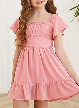 Girls Elegant Ruffle Short Sleeve Back Tie Dresses 6-13 Years Old | Amazon (US)