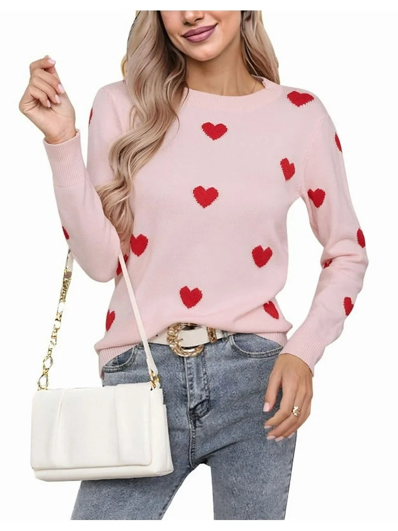 Heart Sweater for Women Valentine's Day Cute Heart Printed Lightweight Sweaters Casual Creneck Pu... | Walmart (US)