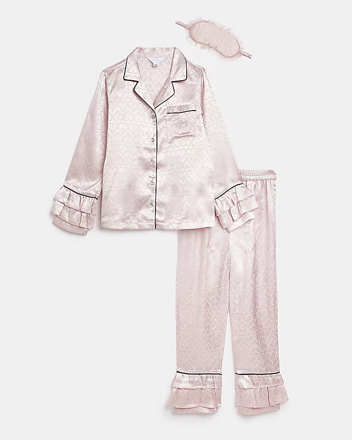 Girls Pink Heart Satin 3 piece pyjama set | River Island (UK & IE)