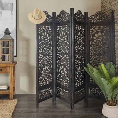 Rocade Wood Handmade Foldable Partition Carved 4 Panel Floral Partition Black Divider Screen | Wayfair North America