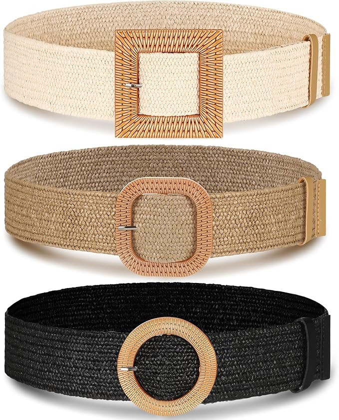 Syhood 3 Pieces Straw Woven Elastic Waist Belt for Women Bohemian Dress Braided Belt | Amazon (US)