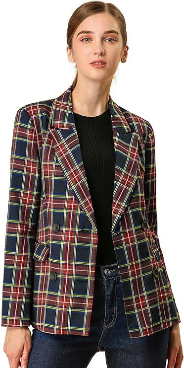 Allegra K Women's Notched Lapel Double Breasted Work Formal Blazer Jacket | Amazon (US)