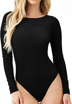 LINMON Women's Round Collar Short Sleeve/Long Sleeve Bodysuit Stretchy Jumpsuit Tops | Amazon (US)