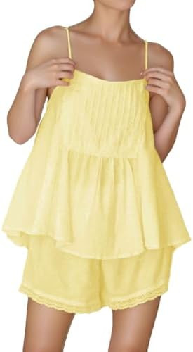 Womens Summer 2 Piece Set Sleeveless Tie Straps Ruffle Trim Top and Shorts Sets Soft Cozy Pajamas... | Amazon (US)