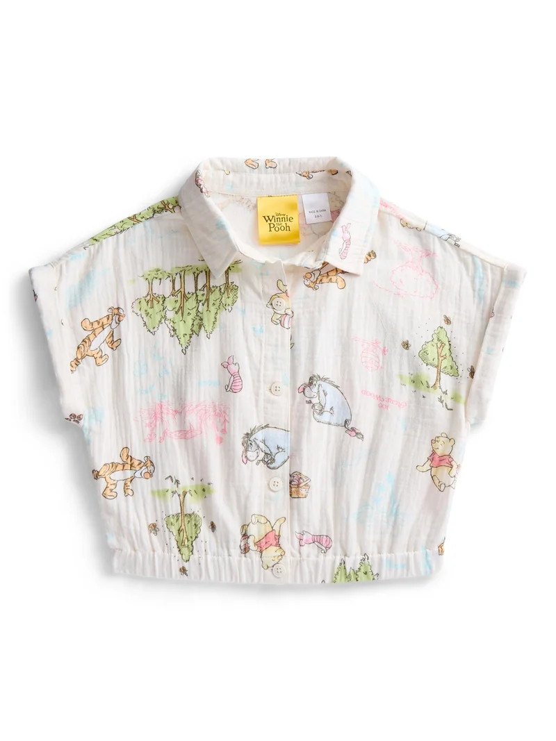 Disney Winnie the Pooh Girls Printed Button Up Shirt, Sizes 4-16 | Walmart (US)