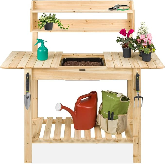 Amazon.com: Best Choice Products Outdoor Mobile Garden Potting Bench, Wood Workstation Table w/Sl... | Amazon (US)