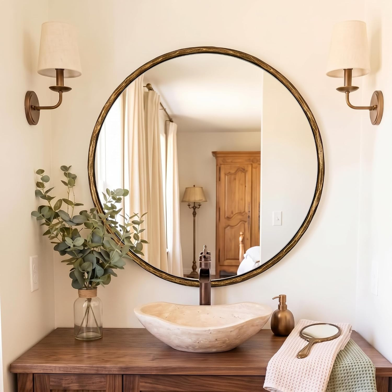Hand-Forged Round Gold Mirrors, 32 Inch Antique Brass Hammered Round Bathroom Mirror for Over Sink, for Vanity, Living Room, Vintage, Farmhouse, Rustic, Solid Steel Metal Frame | Amazon (US)