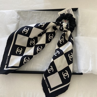 NIB 100% AUTH CHANEL CC LOGO PRINT SILK SCARF HAIR TIE SCRUNCHIE scarf | eBay US